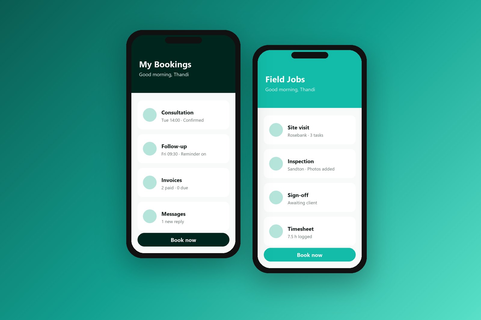 Two mobile app screens for bookings and field jobs