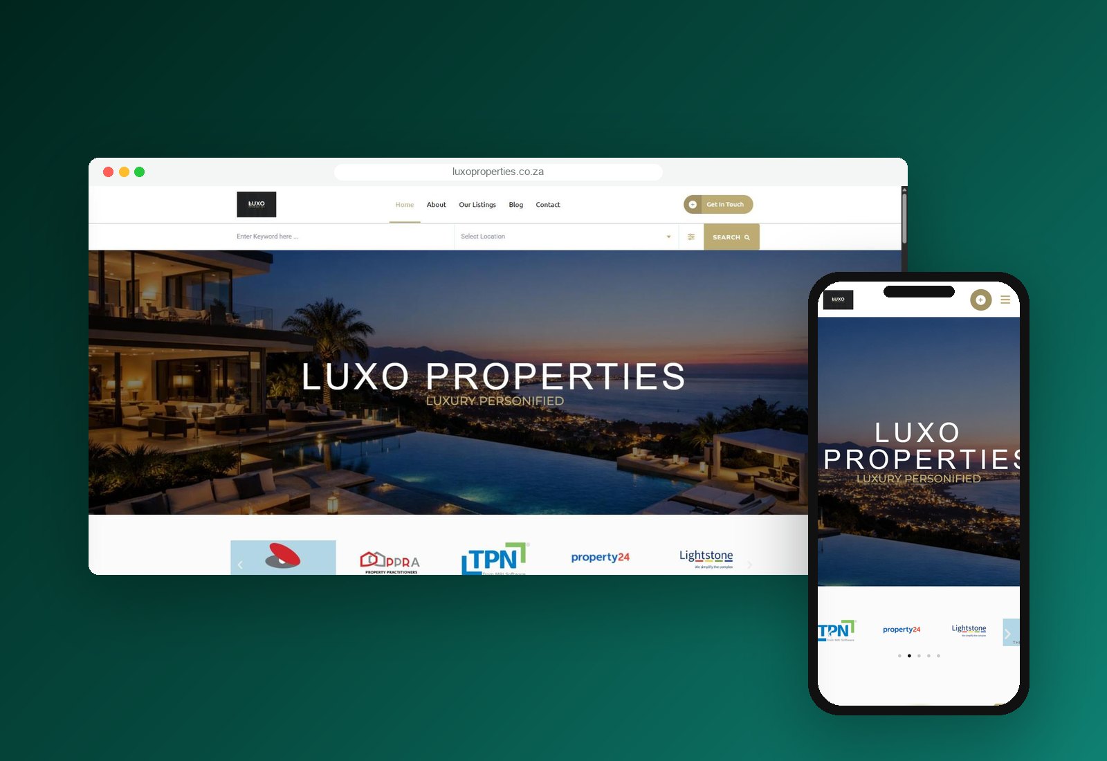 Luxo Properties website on desktop and mobile